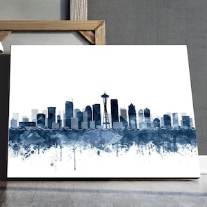 Seattle Skyline Art Print, Seattle Watercolor Navy Blue White Art Poster, Washington Cityscape, Modern Wall Art, Home Office Decor Printable