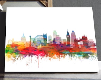London Skyline Print, London Watercolor Skyline Art Poster, London England UK Cityscape, Modern Wall Art, Home Office Decor, Printable Art