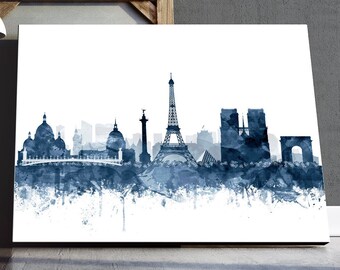 Paris silhuetttryck, Paris akvarell marinblå och vit poster, Paris Frankrike stadsbild, modern väggkonst, hemmakontorsinredning, utskrivbar konst