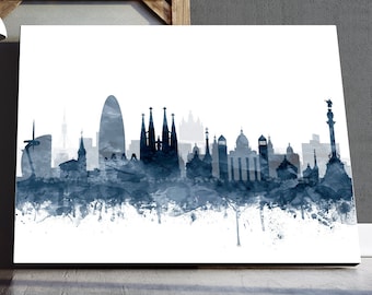 Impression de Barcelone, Barcelone Skyline Wall Decor, aquarelle Cityscape Barcelone Espagne affiche, bleu marine blanc, Home Office Decor Printable Art