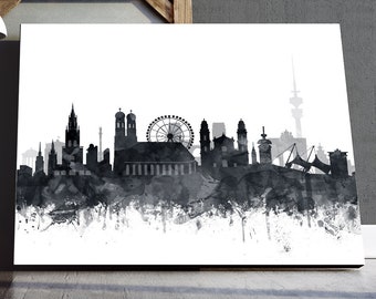 May include: Black and white watercolor cityscape silhouette of Munich, Germany. The skyline features the Frauenkirche, the Deutsches Museum, and the Hofbräuhaus.
