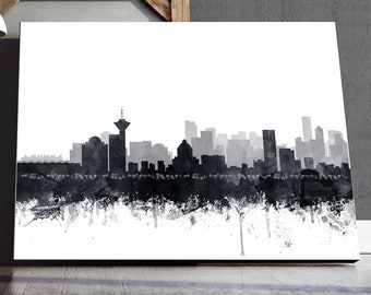 Vancouver Skyline Print, Vancouver acuarela gris blanco y negro, paisaje urbano de Vancouver Canadá, arte moderno de la pared, decoración del hogar, arte imprimible