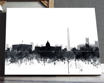 Washington DC Skyline Print, Maryland Cityscape, Watercolor Grey Black And White, Modern Wall Art, Travel, Home Office Decor, Printable Art