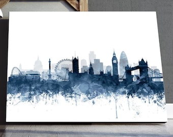 London Skyline Print, London Watercolor Navy Blue White Painting, London England UK Cityscape, Modern Wall Art, Home Office Decor Printable