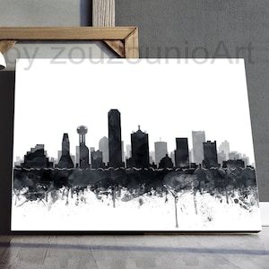 Dallas Skyline Print, Dallas Watercolor Black White Art Poster, Texas Cityscape Art, Modern Wall Art, Gift, Home Office Decor, Printable Art