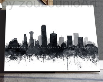 Dallas Skyline Druck, Dallas Aquarell schwarz weiß Kunst Poster, Texas Stadtbild Kunst, moderne Wandkunst, Geschenk, Home Office Decor, druckbare Kunst