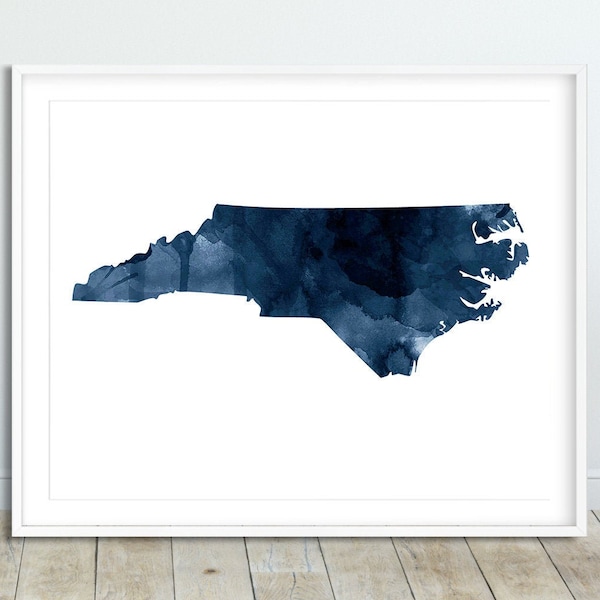 North Carolina State Map Print, North Carolina Map Silhouette Watercolor Navy Blue, Modern Wall Art, USA State Poster, Home Decor Printable