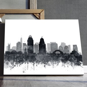 Cincinnati Skyline Print, Cincinnati City Wall Art, Cincinnati Ohio, Watercolor Grey Black White, Modern Home Decor, Travel, Printable Art image 1
