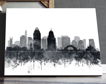 Cincinnati Skyline Print, Cincinnati City Wall Art, Cincinnati Ohio, acuarela gris negro blanco, decoración moderna del hogar, viajes, arte imprimible