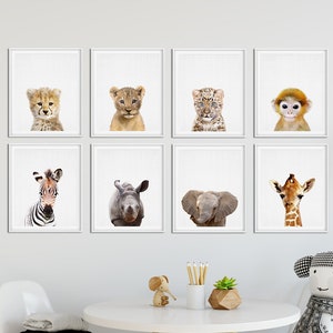 Safari Animals Prints, Baby Animals Set Of 8, Lion Monkey Giraffe Zebra Rhino, Nursery Animal Art, Safari Animals, Kids Room, Printable Art