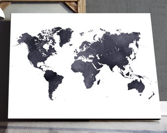 Impression aquarelle carte du monde, carte du monde aquarelle affiche noir et blanc, art mural moderne, décoration de bureau à domicile, affiche de voyage, oeuvre d'art à imprimer