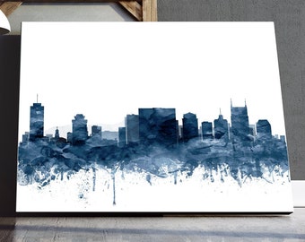 Nashville Skyline Print, Nashville Watercolor Navy Blue Art Poster, Tennessee Cityscape, Modern Wall Art, Home Decor, Download Printable Art