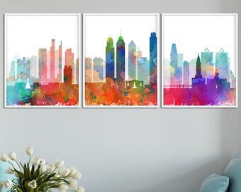 Philadelphia Skyline Print, Philadelphia Set of 3, Philadelphia Triptych Posters, Watercolor Painting, Modern Wall Art, Home Decor Printable