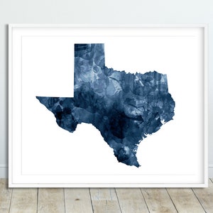 Impression de carte de l'état du Texas, silhouette de carte aquarelle du Texas, blanc bleu marine, art mural moderne, affiche de l'état des Etats-Unis, décoration de bureau à domicile, oeuvre d'art imprimable
