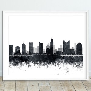 Columbus  Skyline Print, Columbus Watercolor Grey Black White, Columbus Ohio Cityscape, Modern Wall Art, Home Decor, Digital Printable Art