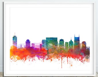 May include: A watercolor painting of the Nashville skyline in vibrant colors, including red, orange, yellow, green, blue, and purple. The buildings are silhouetted against a white background.