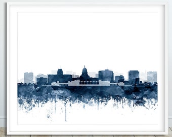 Madison Skyline Print, Madison Watercolor Navy Blue Art Poster, Madison Wisconsin Cityscape, Modern Wall Art, Home Office Decor, Printable