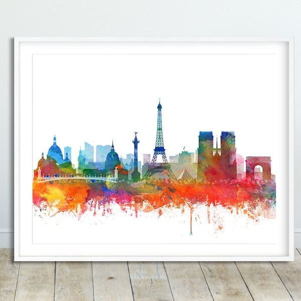 Paris Skyline Print, Paris Watercolor, Paris France Cityscape Poster, Modern Wall Art, Home Office Decor, Travel, Digital Printable Art