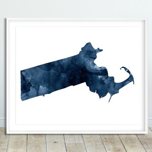 Impressão do mapa do estado de Massachusetts, mapa de Massachusetts em aquarela azul marinho, arte de parede moderna, pôster de silhueta do estado dos EUA, decoração para casa para impressão