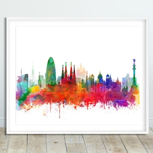 Barcelona Print, Barcelona Skyline Wall Art, Akwarela Cityscape Poster Barcelona Hiszpania, Home Office Decor, Digital Printable Art