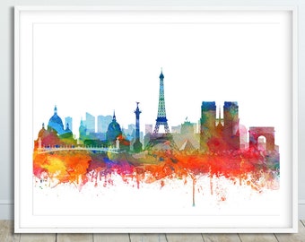 Paris Skyline Print, Paris Watercolor, Paris France Cityscape Poster, Modern Wall Art, Home Office Decor, Travel, Digital Printable Art