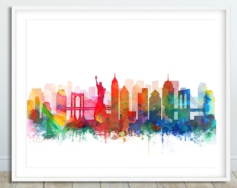 New York Print, New York City Skyline, New York Wall Art, Watercolor Cityscape New York, Modern Wall Art, Home Office Decor, Printable Art