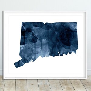 Impression de carte de l'état du Connecticut, silhouette de carte aquarelle bleu marine du Connecticut, art mural moderne, affiche de l'état des Etats-Unis, décoration de bureau à domicile imprimable
