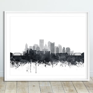 Pittsburgh Skyline Print, Pittsburgh Wall Art, Pennsylvania, Watercolor Grey Black White Poster, Modern Home Decor, Travel, Printable Art image 1