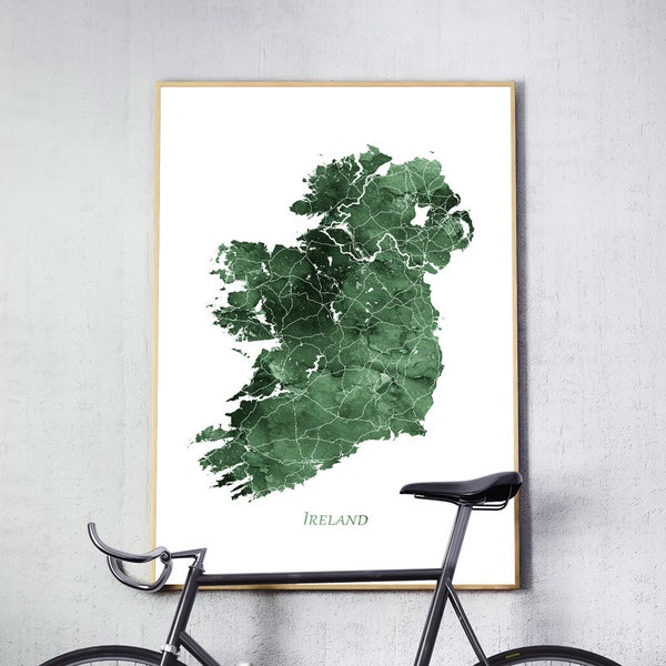 Ireland Map Print, Ireland Watercolor Map Poster, Ireland Wall Art, Ireland Map Green, Abstract Watercolor, Home Office Decor Printable Art