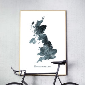 Great Britain Print, United Kingdom Wall Art, Great Britain Watercolor Map, UK Watercolor Blue Indigo Grey, Home Decor, Travel Printable Art