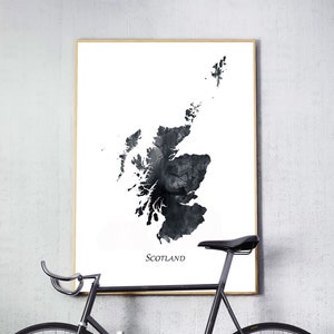 Scotland Map Print, Scotland Wall Art, Black White Watercolor Map Poster, Scotland Watercolor Painting, Home Decor, Travel Printable Art