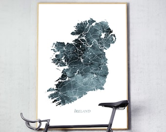 Ireland Map Print, Ireland Watercolor Map Poster, Ireland Map Wall Art, Ireland Map Watercolor Blue Indigo Gray, Home Decor Printable Art