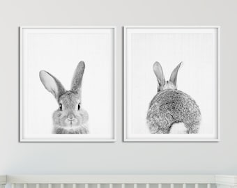 Bunny Print Set, Woodland Animal Wall Art, Nursery Black And White, Rabbit Butt Tail Print, Baby Animals, Kids Room Decor, Printable Art