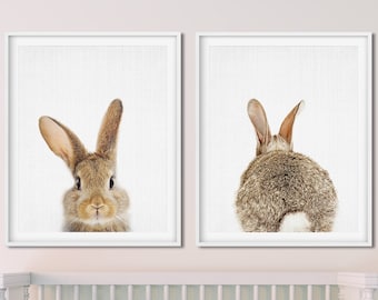 Bunny print set, kinderkamer dieren kunst aan de muur, bosdieren, konijn kont staart print, baby dieren prints, kinderkamer decor, digitaal afdrukbaar
