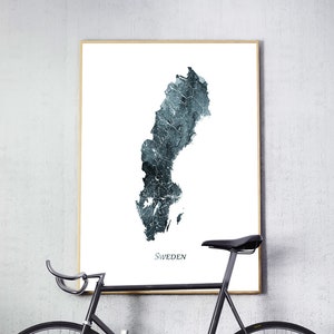 Zweden kaart afdrukken, Zweden aquarel kaart afdrukken, kunst aan de muur Zweden, Zweden aquarel blauw grijs Indigo, Decor van het huis, reizen Poster, afdrukbare kunst