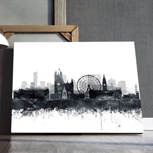 Impressão do horizonte de Manchester, aquarela de Manchester cinza preto e branco, paisagem urbana de Manchester, Inglaterra, arte de parede moderna, decoração para casa, arte para impressão