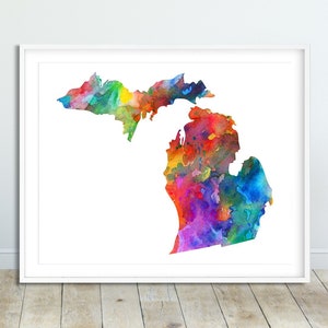 Impression de carte de l'État du Michigan, carte aquarelle du Michigan, estampes d'État silhouette, art mural moderne, affiches de l'État des États-Unis, décoration d'intérieur imprimable numérique