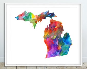 Michigan State Map Print, Watercolor Map Michigan, Silhouette State Prints, Modern Wall Art, USA State Posters, Home Decor Digital Printable