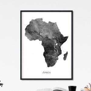 Impresión de mapa de África, decoración de África, arte de la pared de África, cartel del mapa de acuarela de África, blanco negro gris, decoración del hogar, viajes, arte imprimible digital