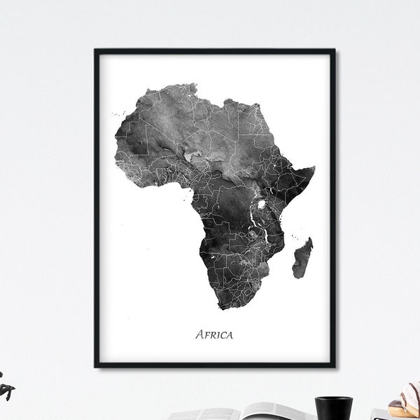 Africa Map Print, Africa Decor, Africa Wall Art,  Africa Watercolor Map Poster, Grey Black White, Home Decor, Travel, Digital Printable Art