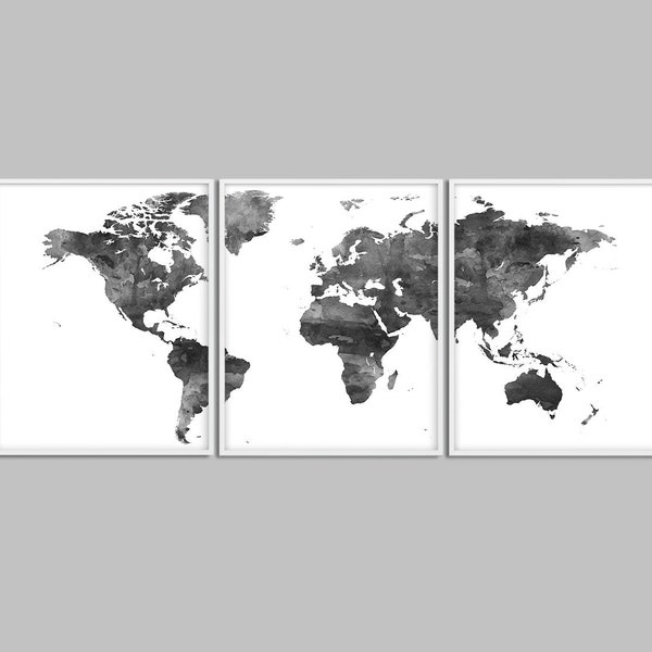 Carte du monde Aquarelle Set de 3 impressions, Carte du monde Aquarelle Noir Blanc Peinture, Carte du Monde Triptyque, Art Mural Moderne, Décoration Intérieure Imprimable