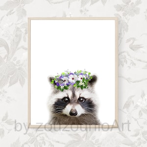 Raccoon Flowers Crown Nursery Decor, Animal Wall Art, Woodland Animals, Raccoon Flower Crown Print, Baby Animals, Instant Downloadable Art