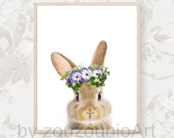 Rabbit Flower Crown Print, Nursery Animal Wall Art, Woodland Animals, Bunny Flower Crown Print, Baby Animal Print, Instant Downloadable Art