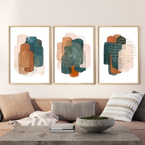 Boho Set of 3 Prints, Living Room Wall Art, Abstract, Minimalist, Green And Rust Wall Art, Terracotta Print, Neutral Print Set Printable Art