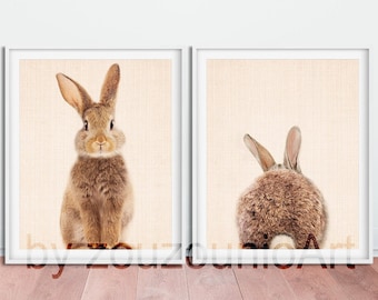 Bunny Print Set, Nursery Animal Wall Art, Woodland Animals, Rabbit Butt Tail Print, Baby Animal Print, Kids Room Decor, Digital Printable
