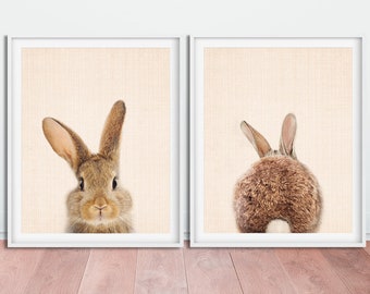 Bunny Print Set, Nursery Animal Wall Art, Woodland Animal, Rabbit Butt Tail Print, Baby Animal Print, Kids Room Decor, Digital Printable Art