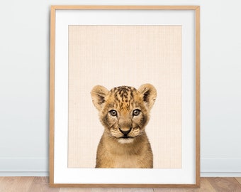 Impresión de león, arte de la pared del vivero, león cachorro, cartel del león bebé, arte de la pared de los animales del bebé, decoración del vivero del safari, animales del bebé, arte imprimible de la habitación de los niños