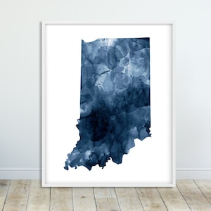 Indiana State Map Print, Aquarelle Indiana Silhouette, Navy Blue White, Modern Wall Art, USA State Poster, Home Office Decor Printable