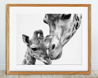 Giraffe Print, Giraffe Family Poster, Safari African Animals, Baby Giraffe, Black And White Print, Nursery Animal Decor, Printable Art