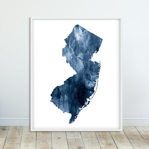 New Jersey State Map Print, Aquarelle New Jersey Silhouette, Navy Blue Modern Wall Art, USA State Poster, Home Decor, Digital Printable